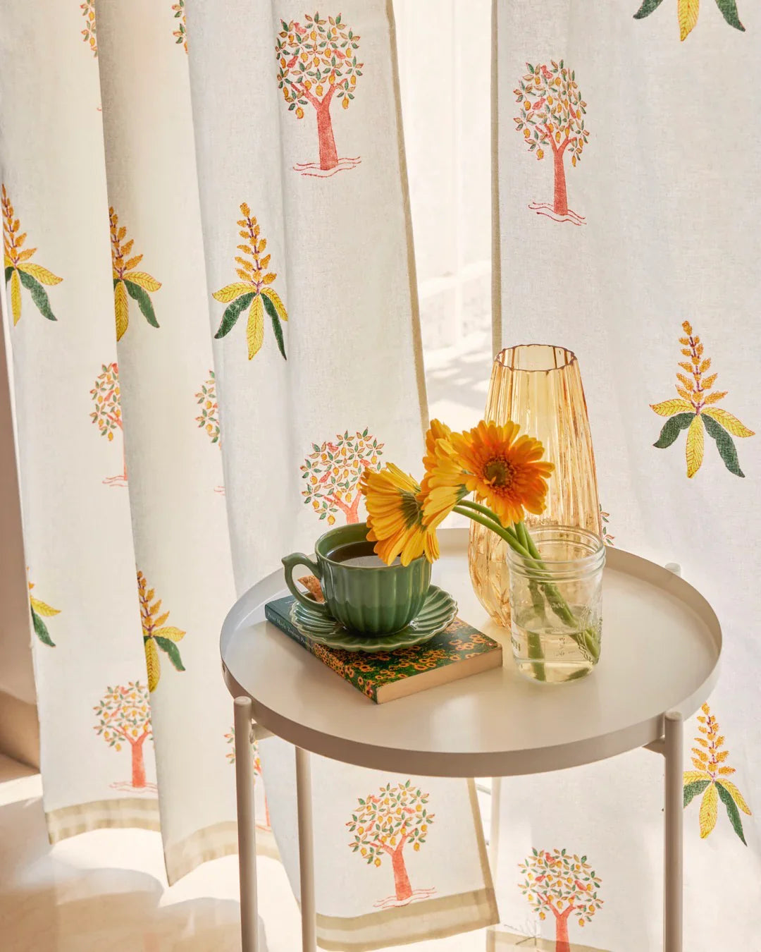 White & Yellow Hand Block Printed Linen Curtains | Mango Tree Design-0