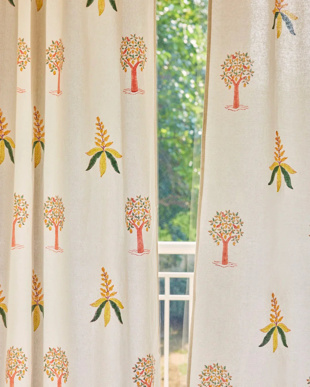 White & Yellow Hand Block Printed Linen Curtains | Mango Tree Design-1