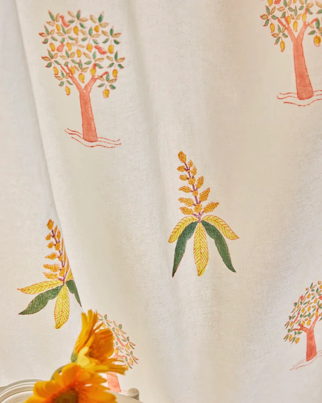 White & Yellow Hand Block Printed Linen Curtains | Mango Tree Design-3