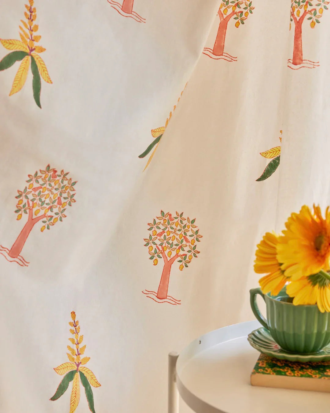 White & Yellow Hand Block Printed Linen Curtains | Mango Tree Design-2