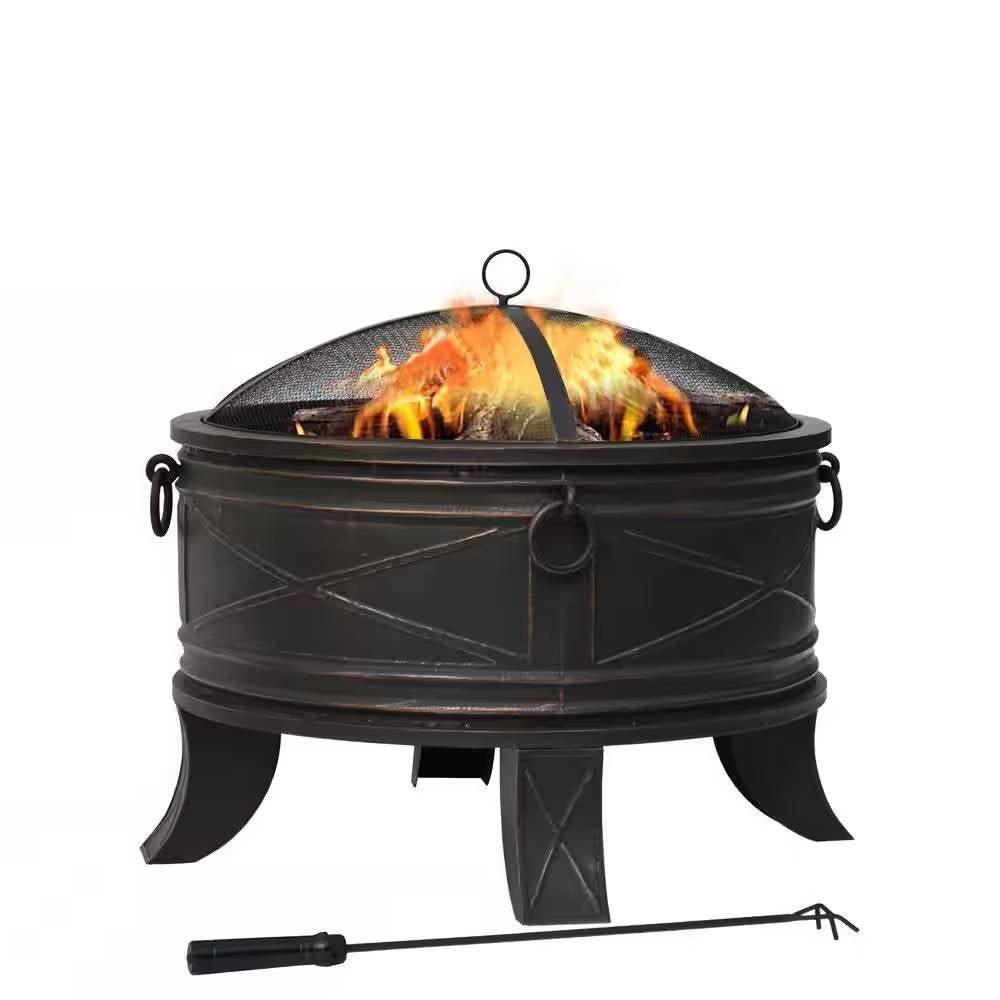 26-inch Round Steel Outdoor Fire Pit with Cover and Poker in Bronze - PRHOMZ