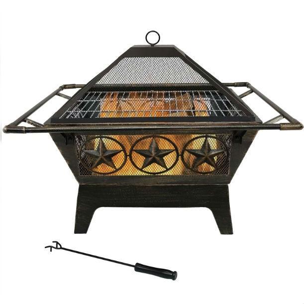 Square Outdoor Steel Wood Burning Fire Pit with Star Design - PRHOMZ