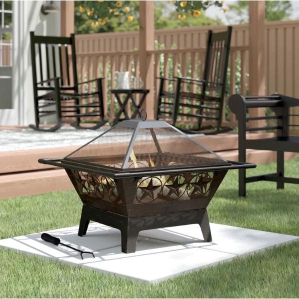 Square Outdoor Steel Wood Burning Fire Pit with Star Design - PRHOMZ