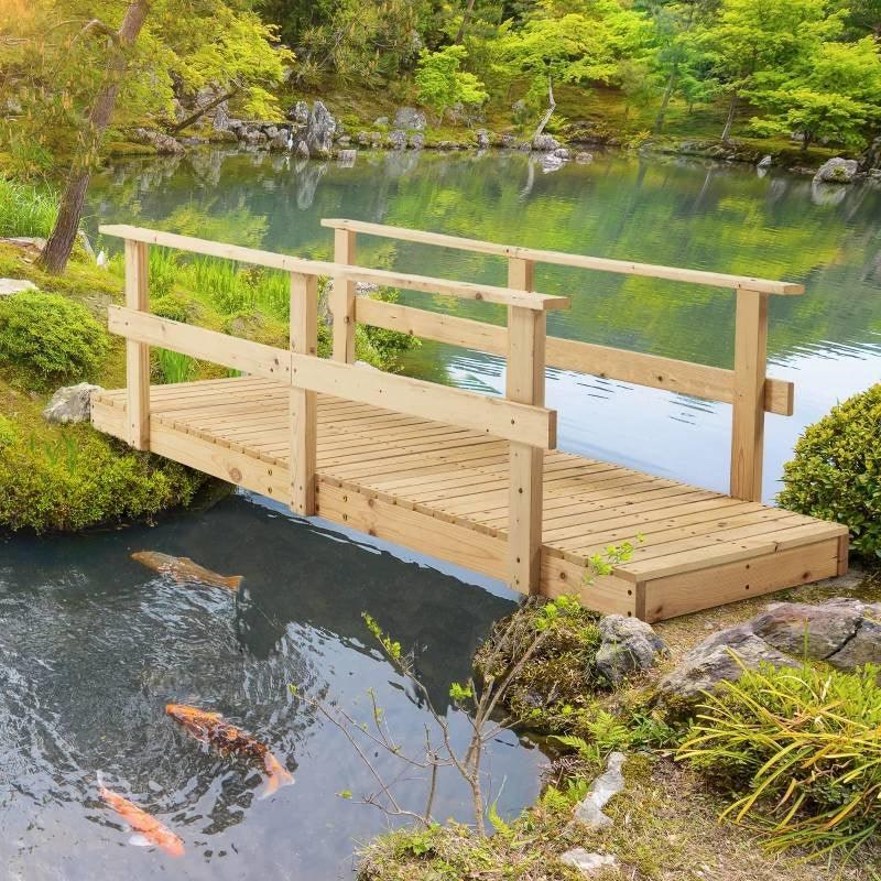 7 ft. Wooden Garden Bridge with Hand Rails in Natural Finish - PRHOMZ