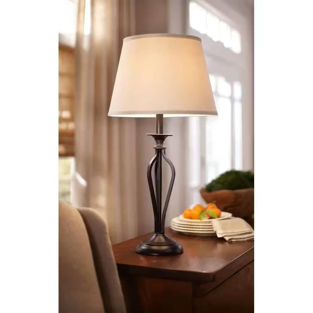Traditional Bronze Metal Finish Table Lamp with Beige Linen Shade - PRHOMZ