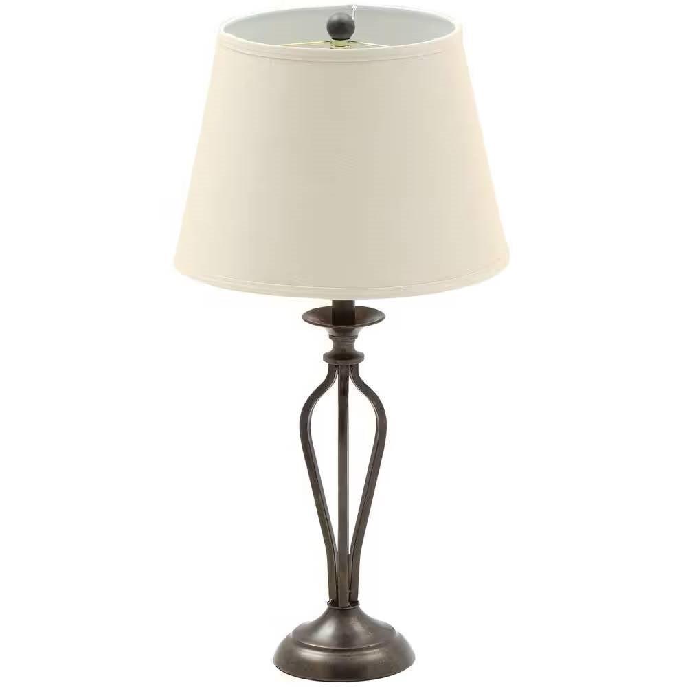 Traditional Bronze Metal Finish Table Lamp with Beige Linen Shade - PRHOMZ