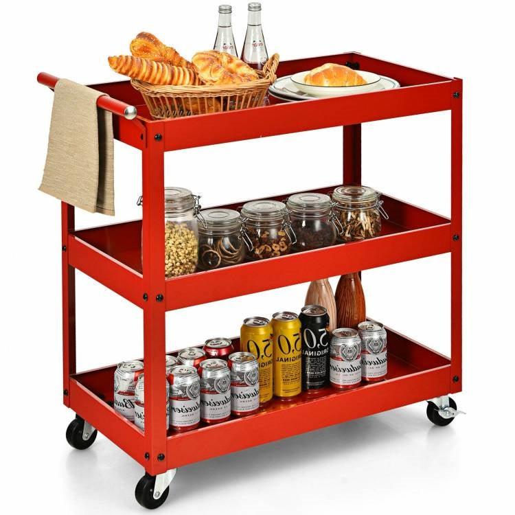 Red Steel Frame Kitchen Serving Utility Cart on Wheels with 2 Bottom Shelves - PRHOMZ