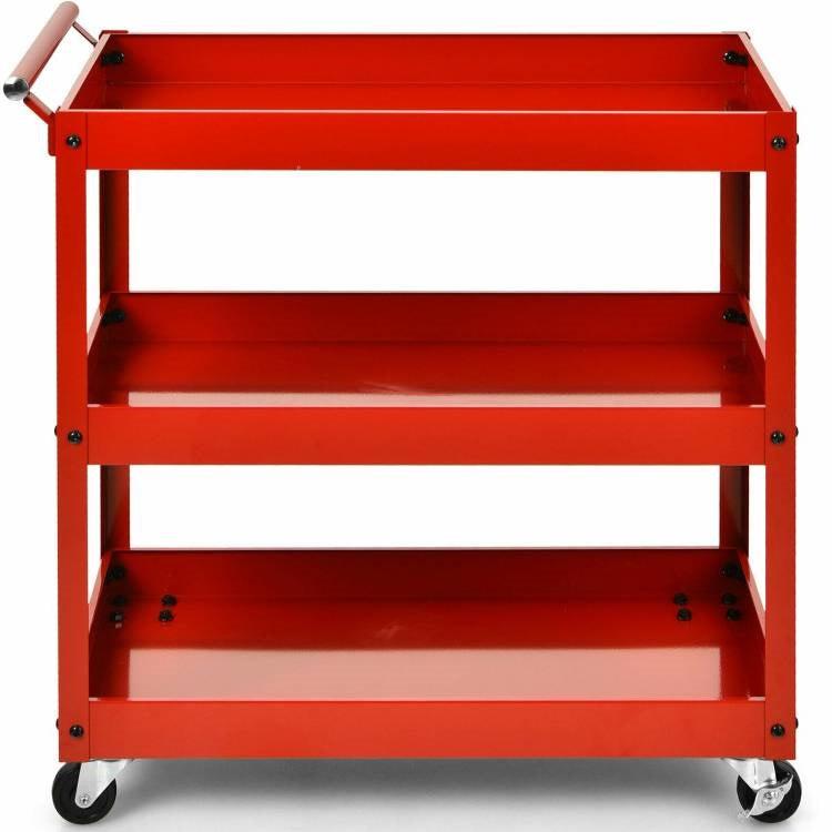 Red Steel Frame Kitchen Serving Utility Cart on Wheels with 2 Bottom Shelves - PRHOMZ