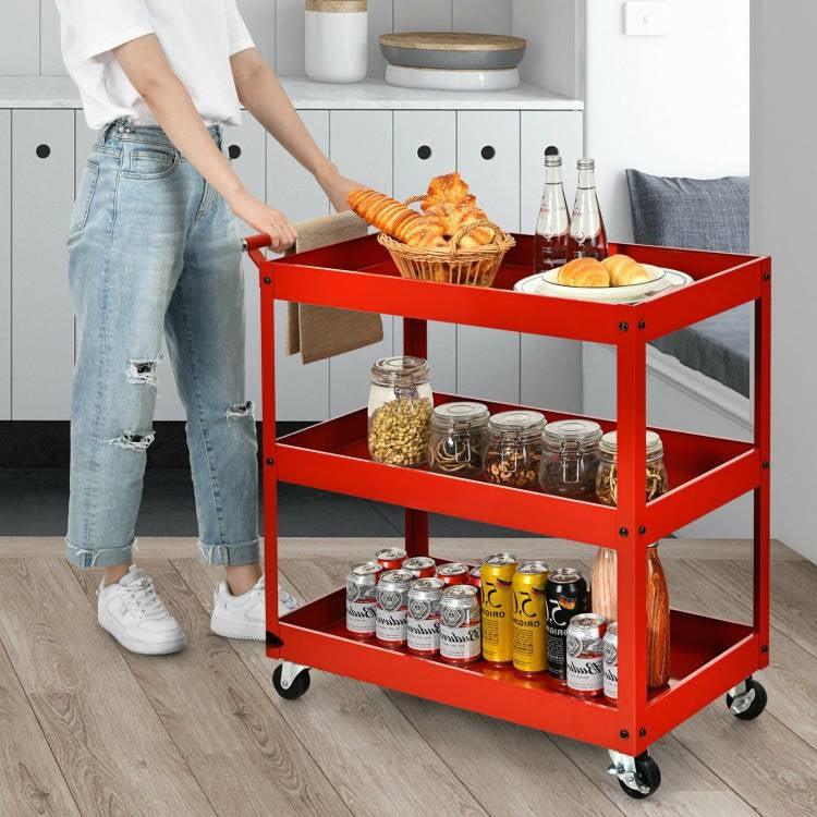 Red Steel Frame Kitchen Serving Utility Cart on Wheels with 2 Bottom Shelves - PRHOMZ