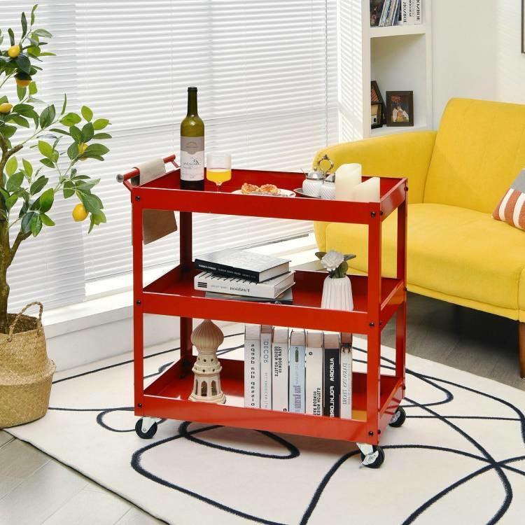 Red Steel Frame Kitchen Serving Utility Cart on Wheels with 2 Bottom Shelves - PRHOMZ