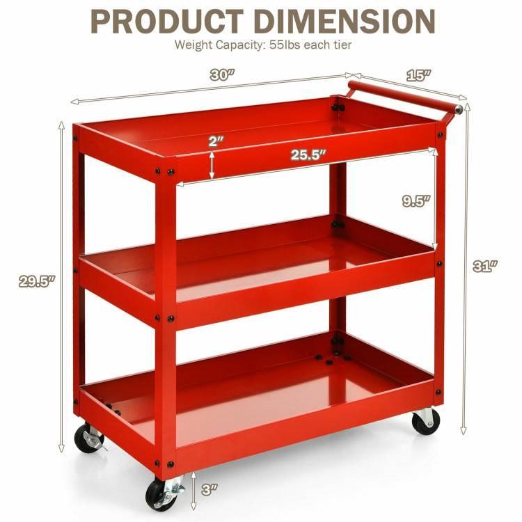 Red Steel Frame Kitchen Serving Utility Cart on Wheels with 2 Bottom Shelves - PRHOMZ