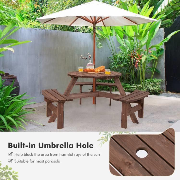Espresso Wooden 6 Seater Picnic Table Umbrella Hole - PRHOMZ