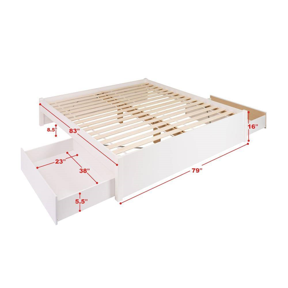 King Size 4 Drawer Storage White Wooden 4 Post Platform Bed Frame-4