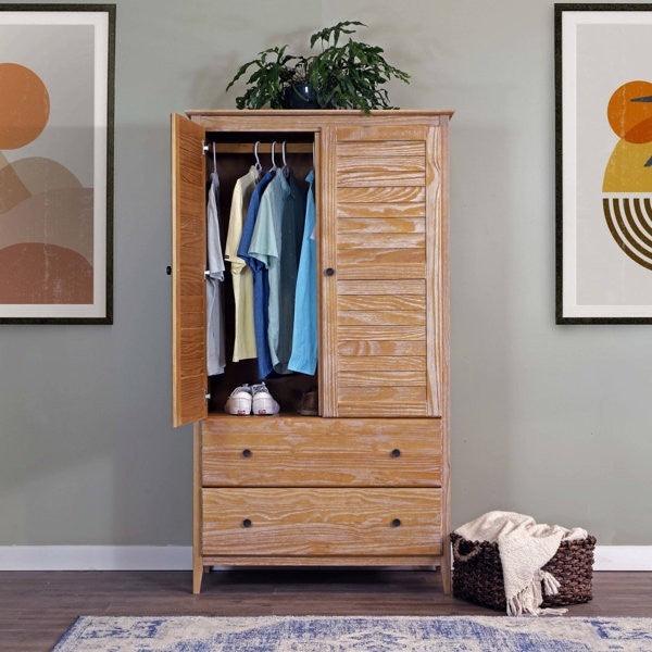 FarmHome Louvered Distressed Driftwood Solid Pine Armoire - PRHOMZ