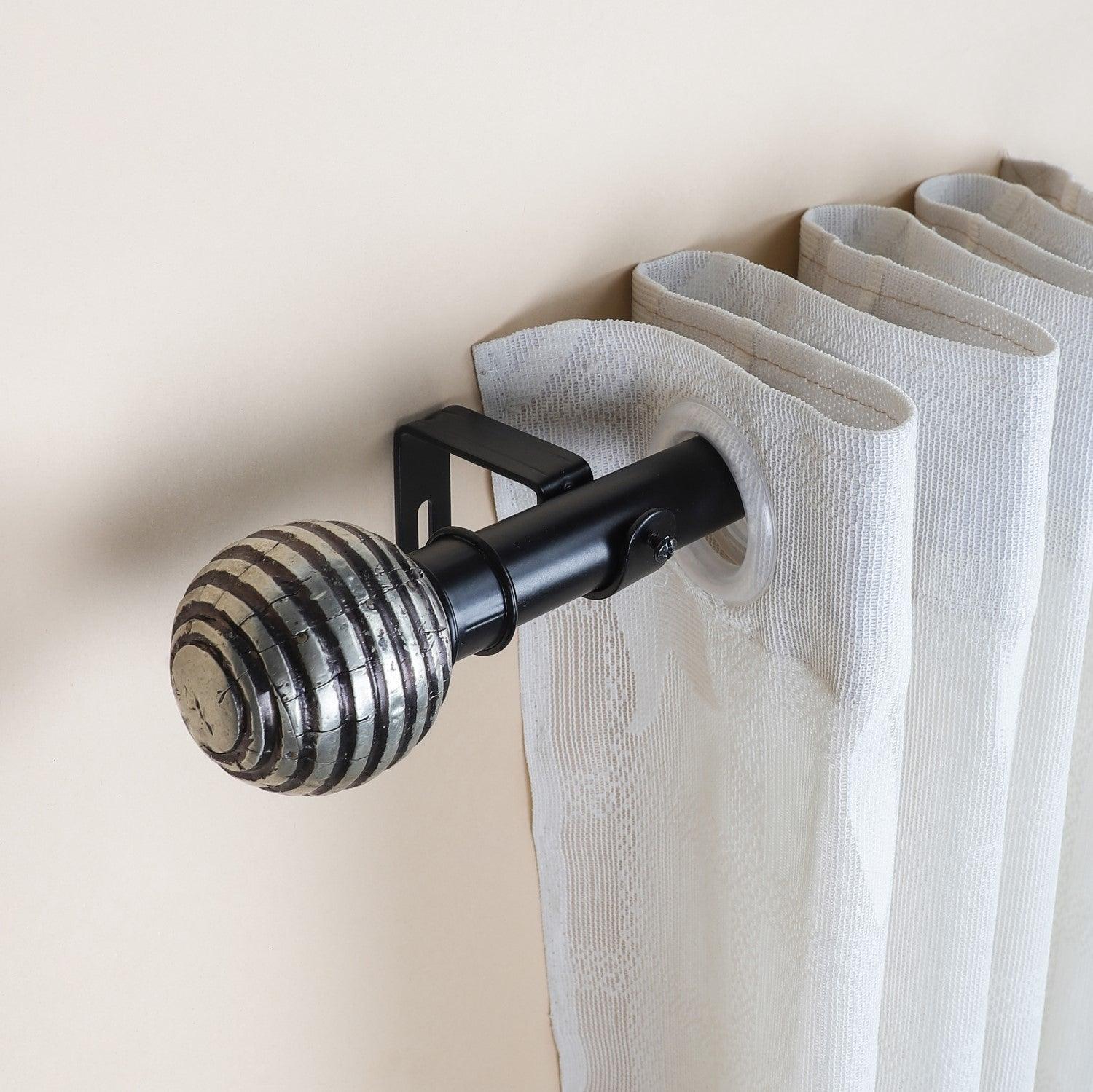 Black Extendable Curtain Pole | Engraved Metal Finials | 61-366cm-0