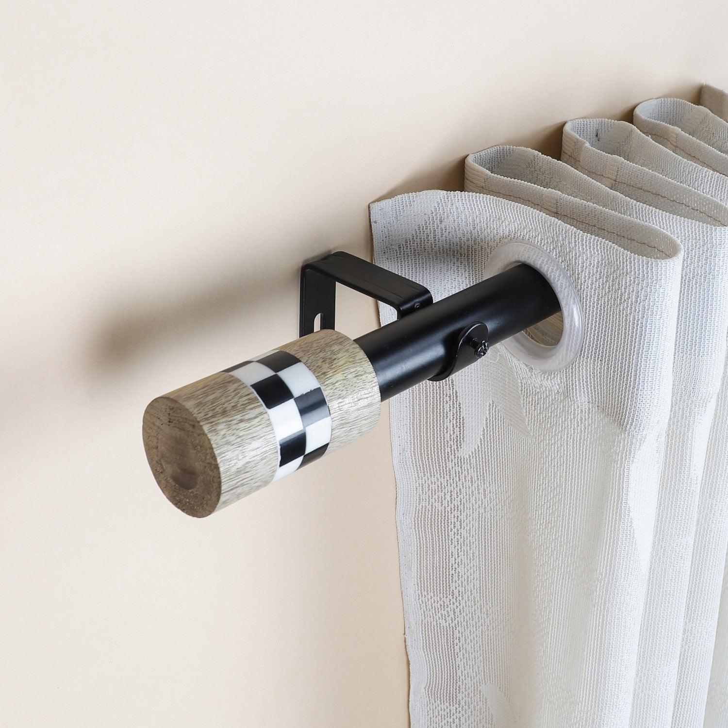 Black Extendable Curtain Pole | Chess Board Patterned Wooden Finials | 61-366cm-0