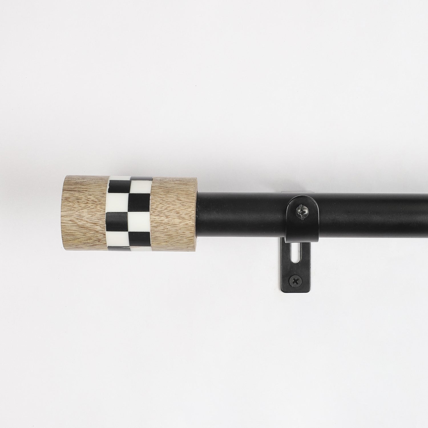 Black Extendable Curtain Pole | Chess Board Patterned Wooden Finials | 61-366cm-1