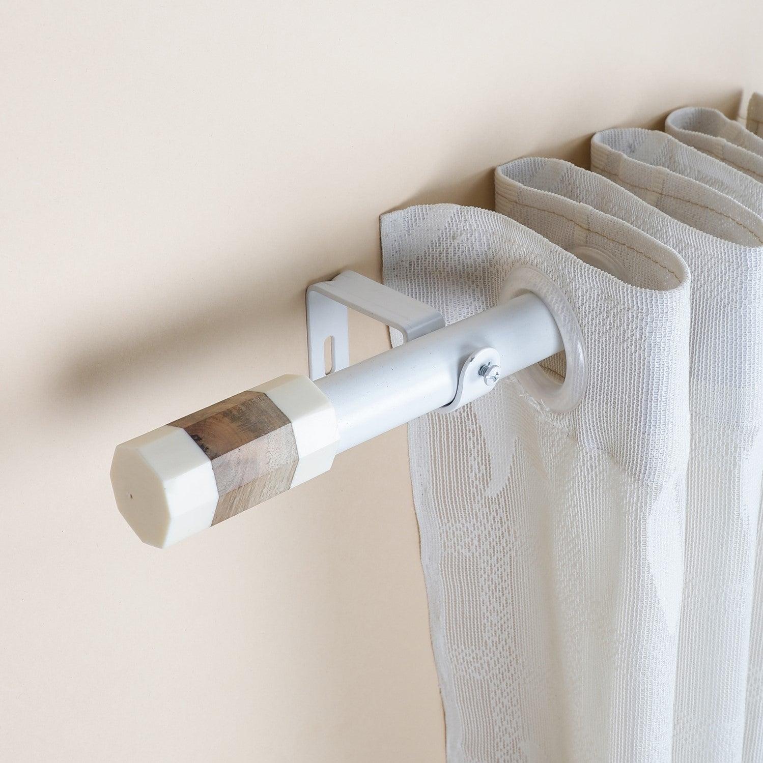 White Extendable Curtain Pole | 19mm | Marble & Wood Finials | 61-366cm-0