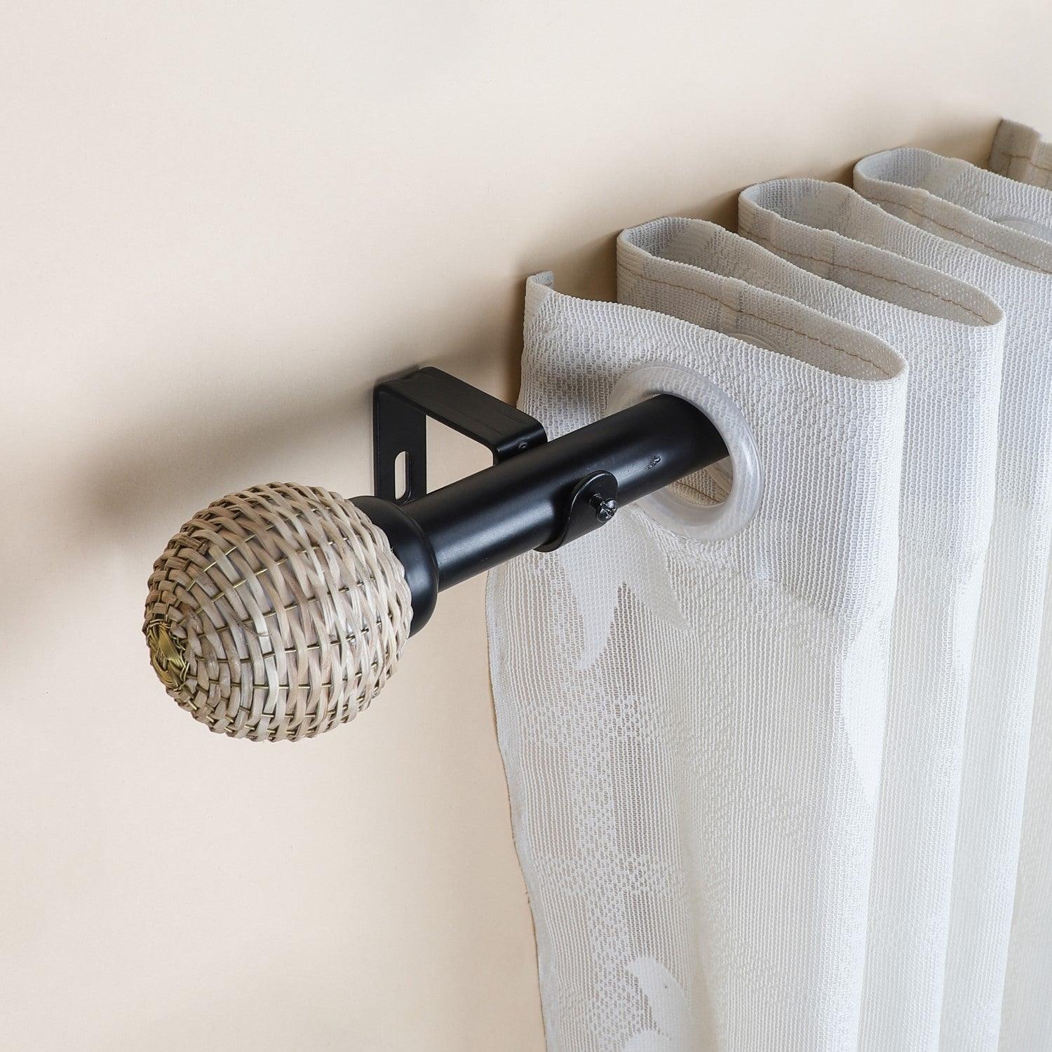 Black Extendable Curtain Pole | 19mm | Wicker Finials | 61-366cm-0