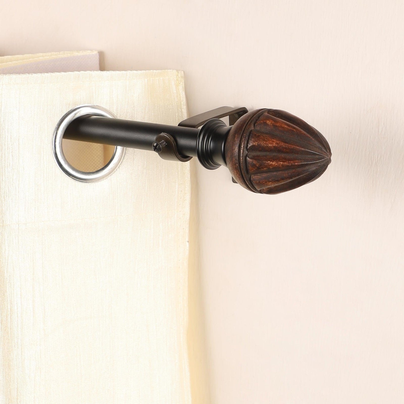 Black Extendable Curtain Pole | Ribbed Wooden Finials | 61-366cm-0