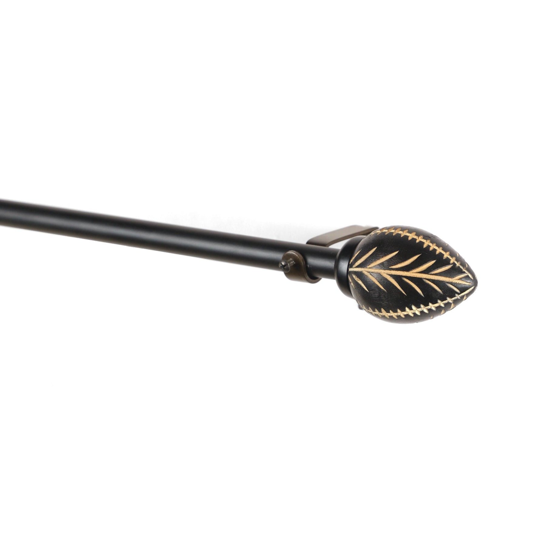 Black Extendable Telescopic Curtain Pole | Wooden Leaf Finials | 61-366cm-1