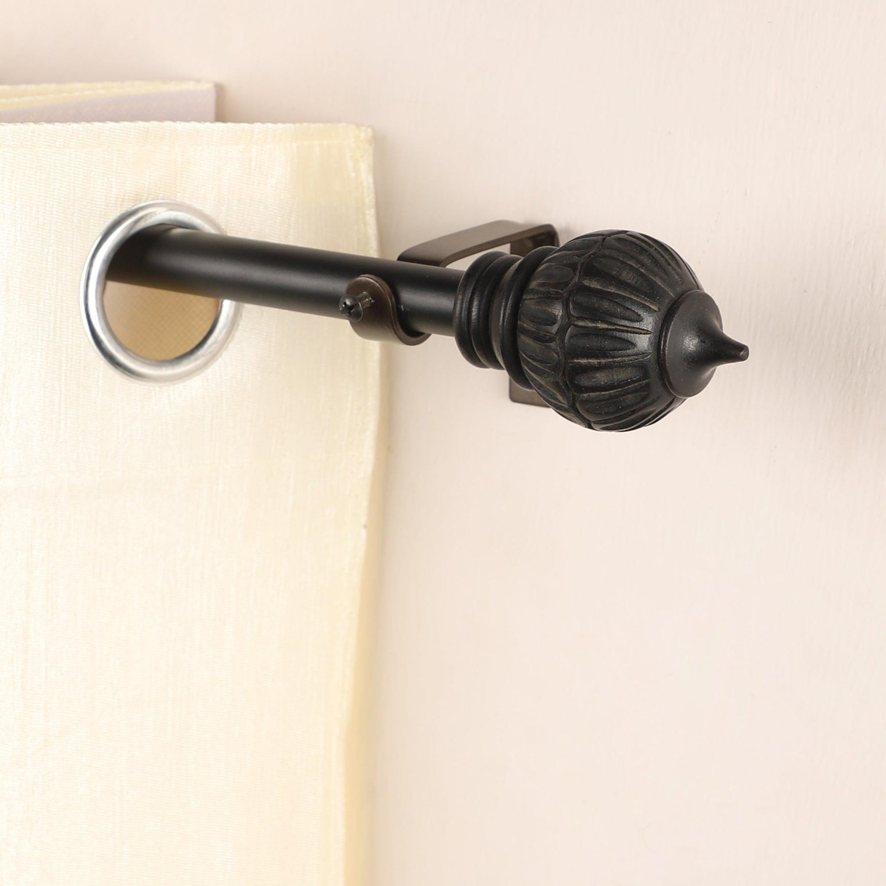 Black Extendable Curtain Pole | Carved Wooden Finials | 61-366cm-0