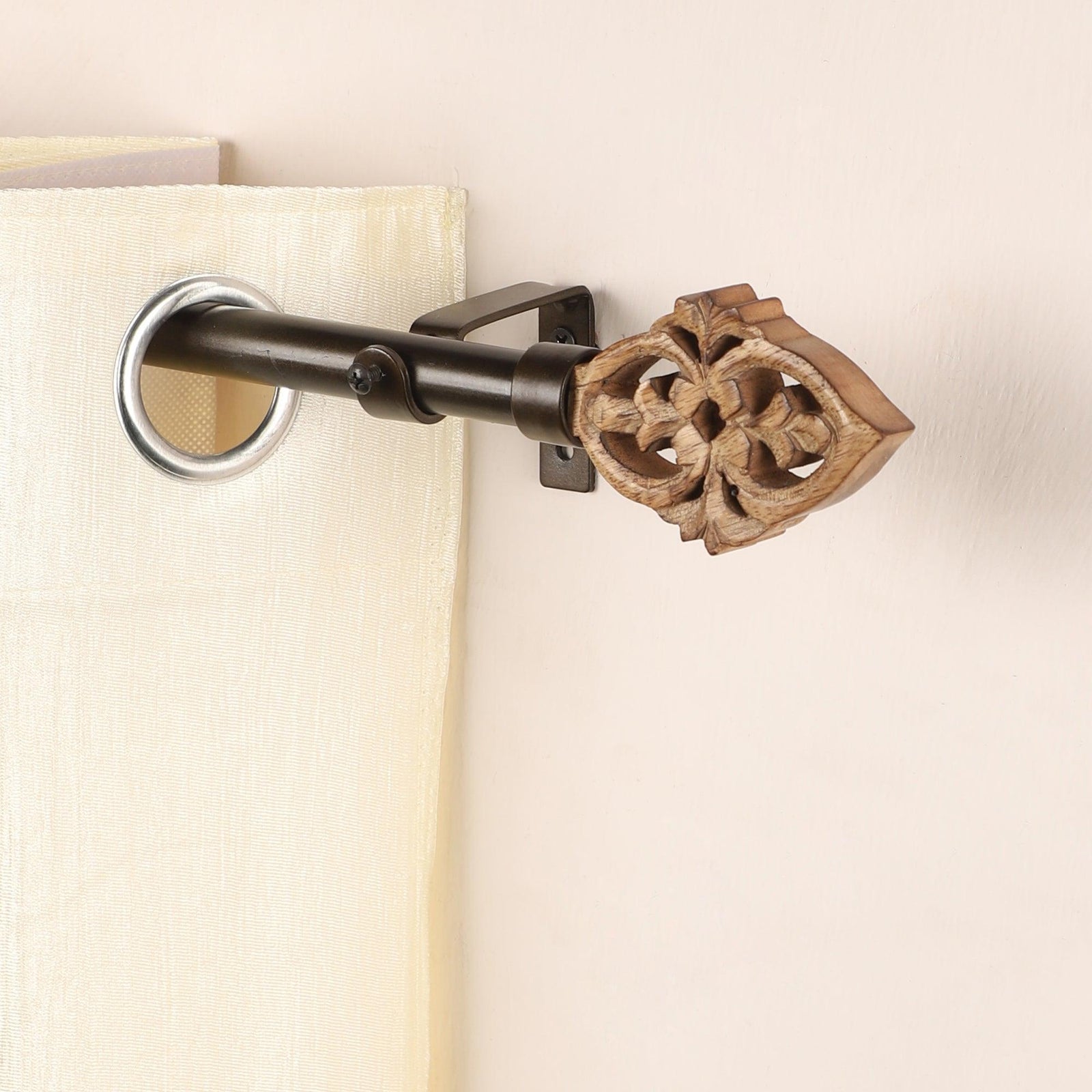 Black Extendable Curtain Pole | Ornate Wooden Finials | 61-366cm-0