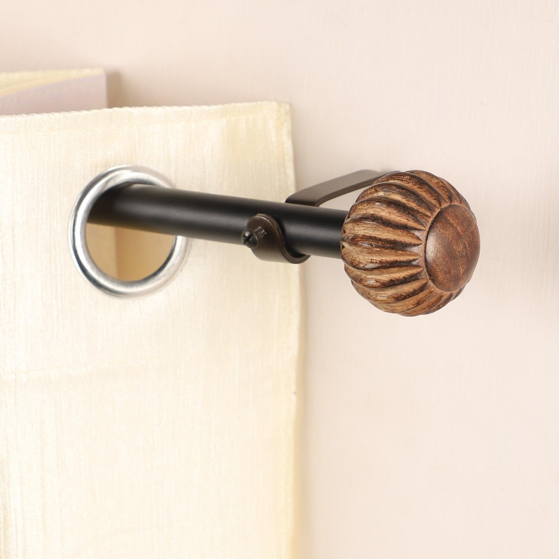 Black Extendable Curtain Pole | Carved Wooden Ball Finials | 61-366cm-0