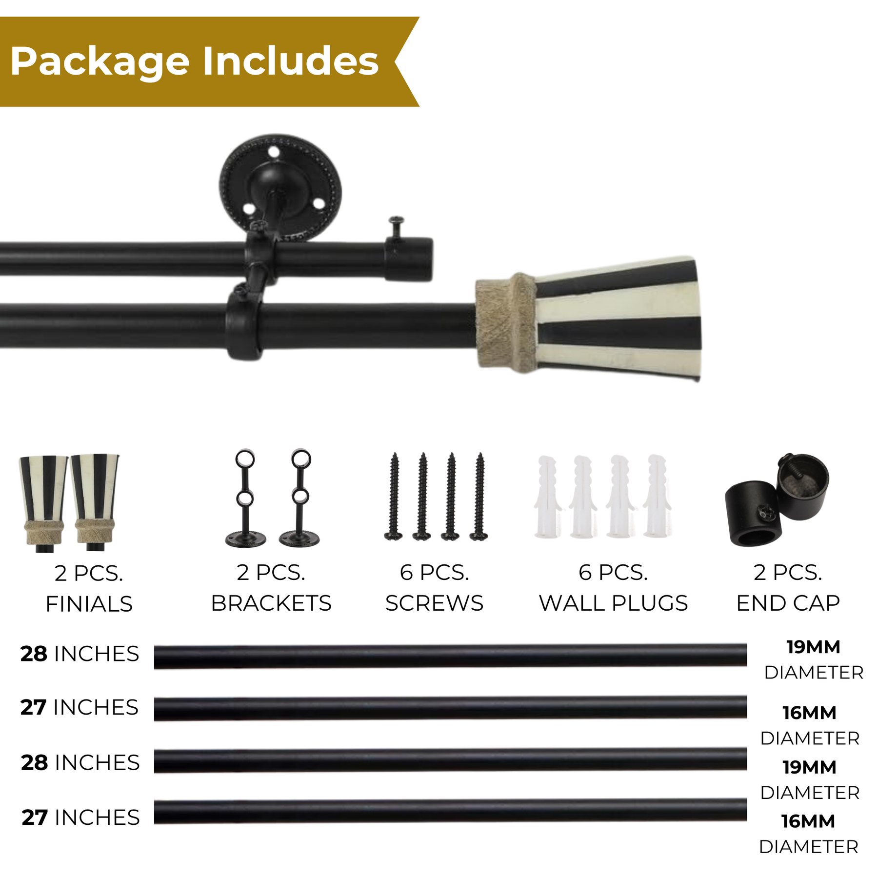 Double Curtain Pole | Black & White | Extendable & Adjustable | 28-144 Inch | Includes Striped Finials-4