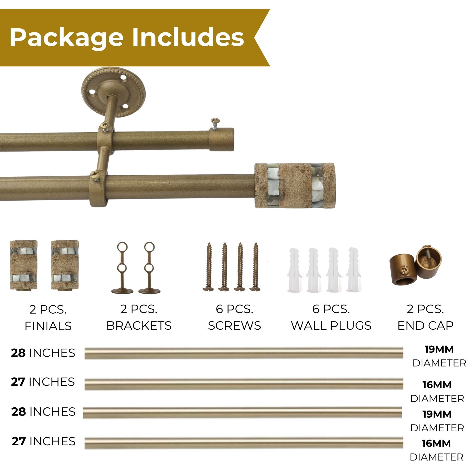 Gold Double Curtain Pole | Extendable & Adjustable | Wooden Cylindrical Finials | 28-144 Inch-4
