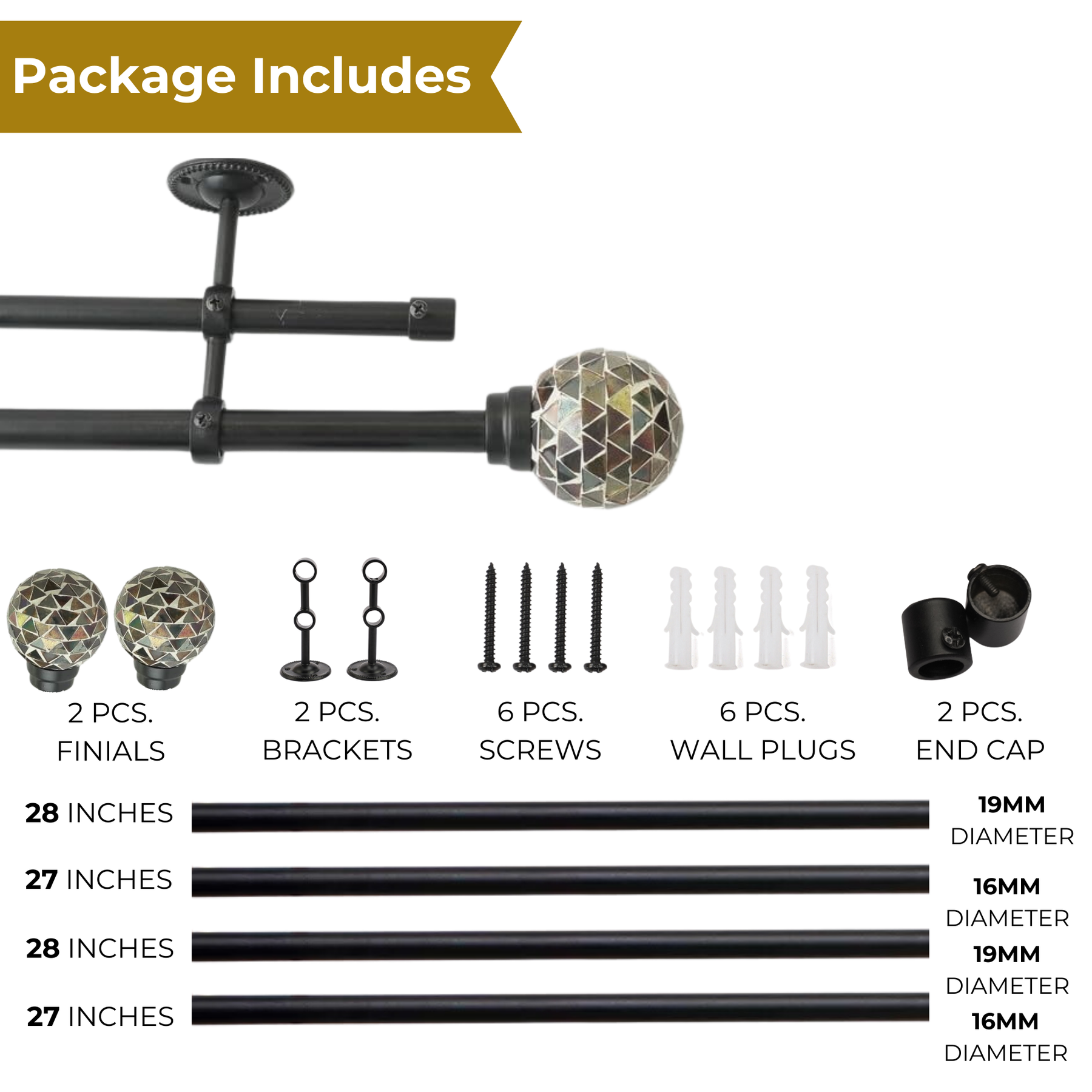 Double Curtain Pole | Extendable & Adjustable | 28-144 Inch | Glass Ball Finials | Black-4