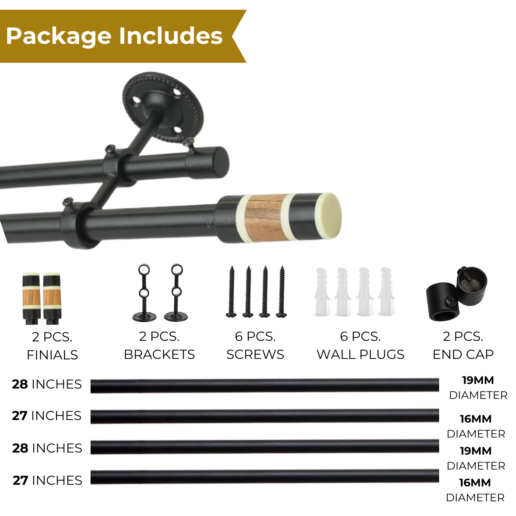 Double Curtain Pole | Black | Extendable & Adjustable | 28-144 Inch | Modern Cylindrical Finials-4