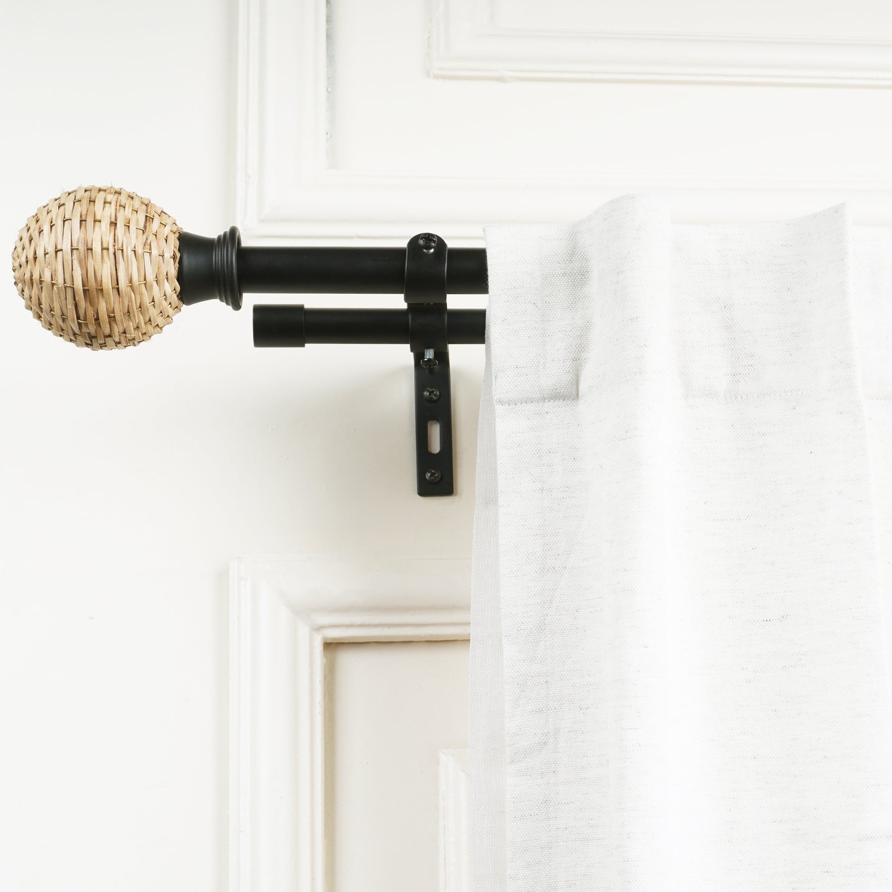 Black Double Curtain Pole with Wicker Ball Finials | Extendable & Adjustable | 28-144 Inch-0