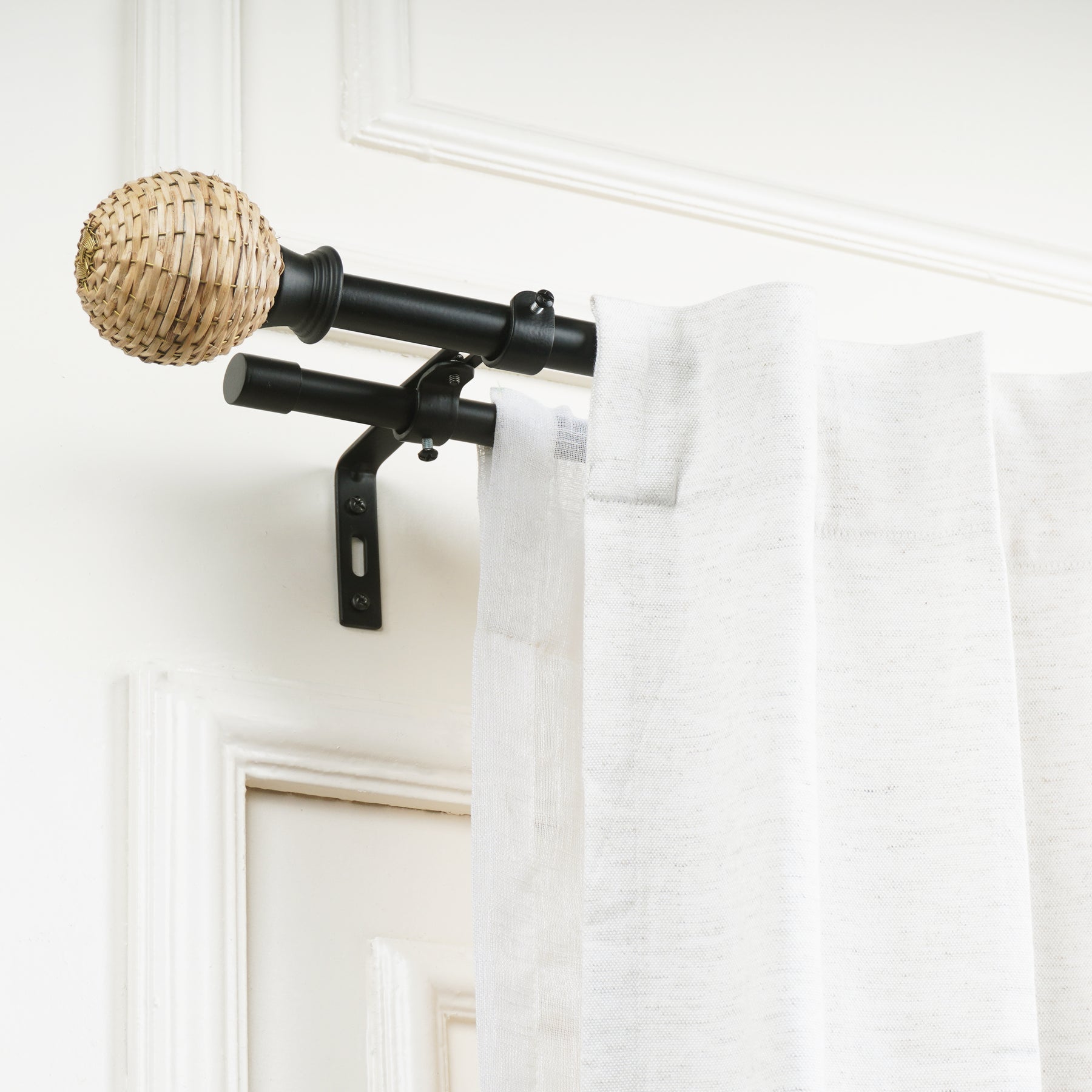 Black Double Curtain Pole with Wicker Ball Finials | Extendable & Adjustable | 28-144 Inch-1