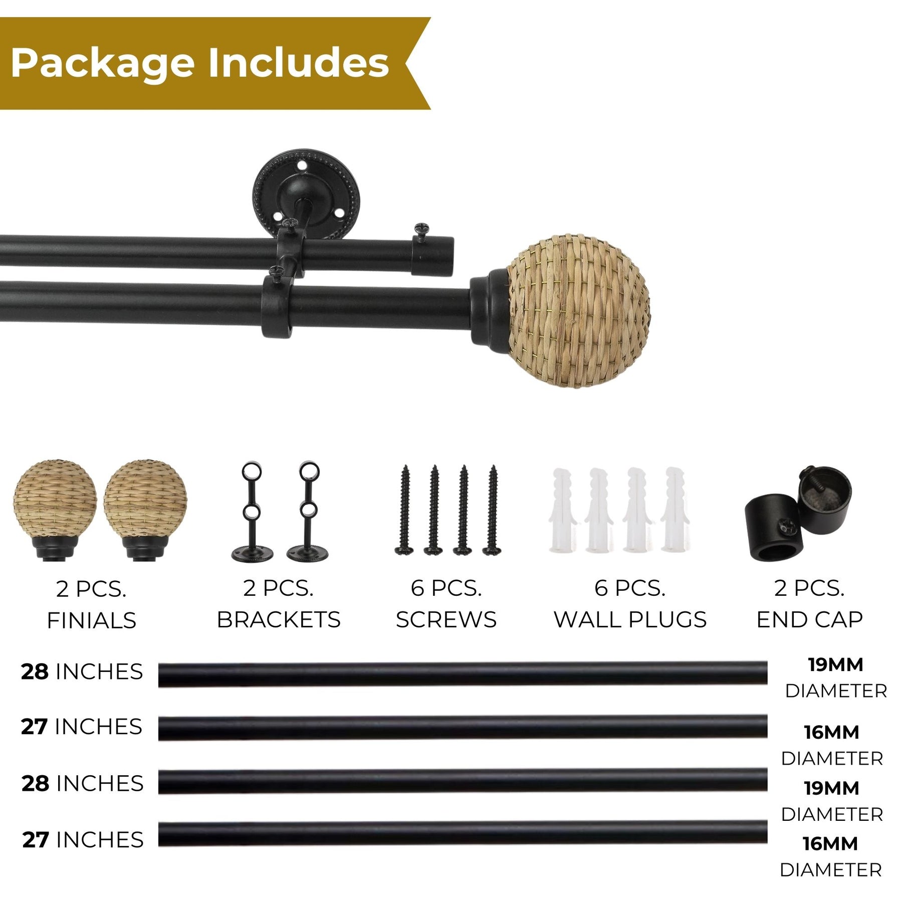 Black Double Curtain Pole with Wicker Ball Finials | Extendable & Adjustable | 28-144 Inch-4