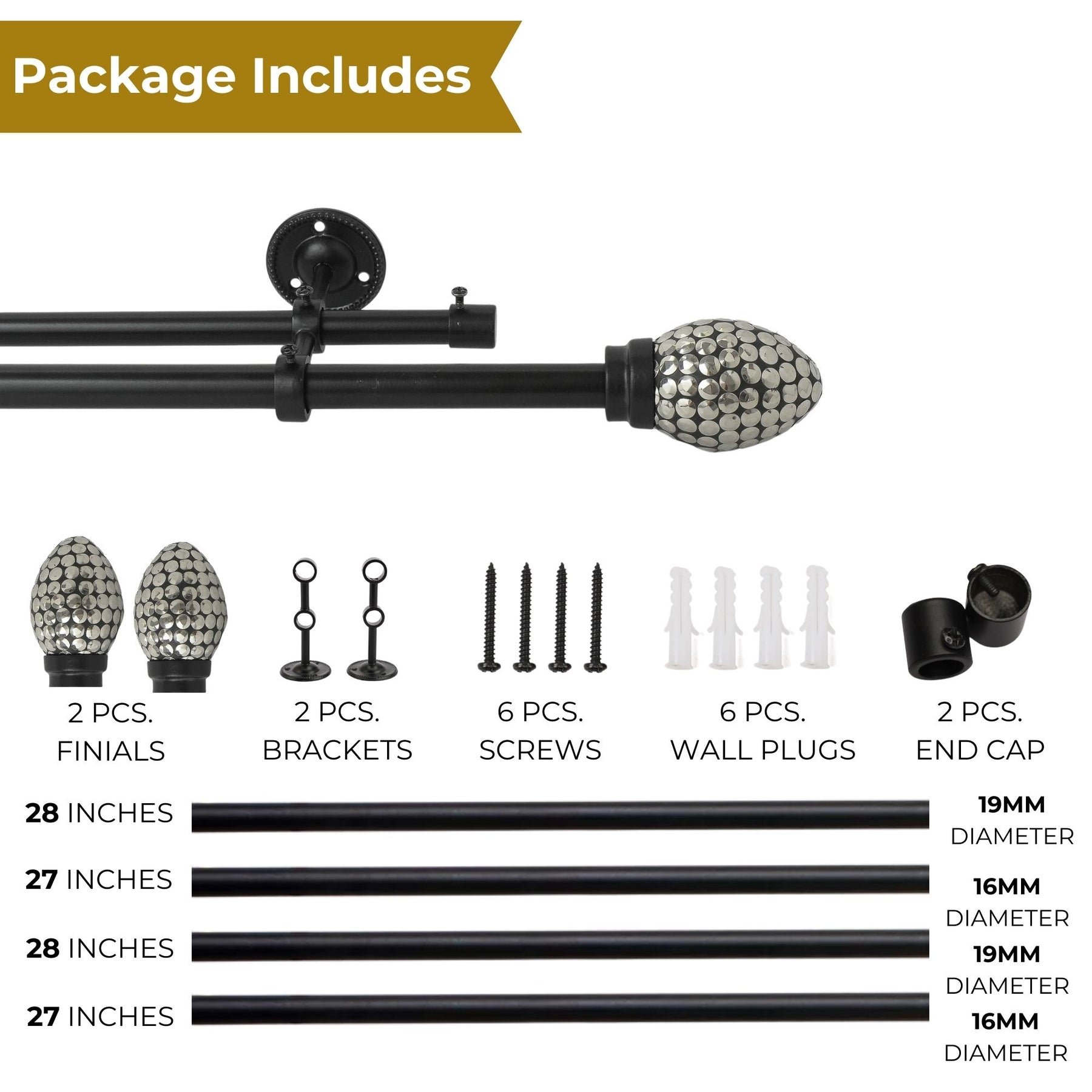 Double Curtain Pole | Black Nickel | Extendable & Adjustable | 28-144 Inch | Includes Finials-4