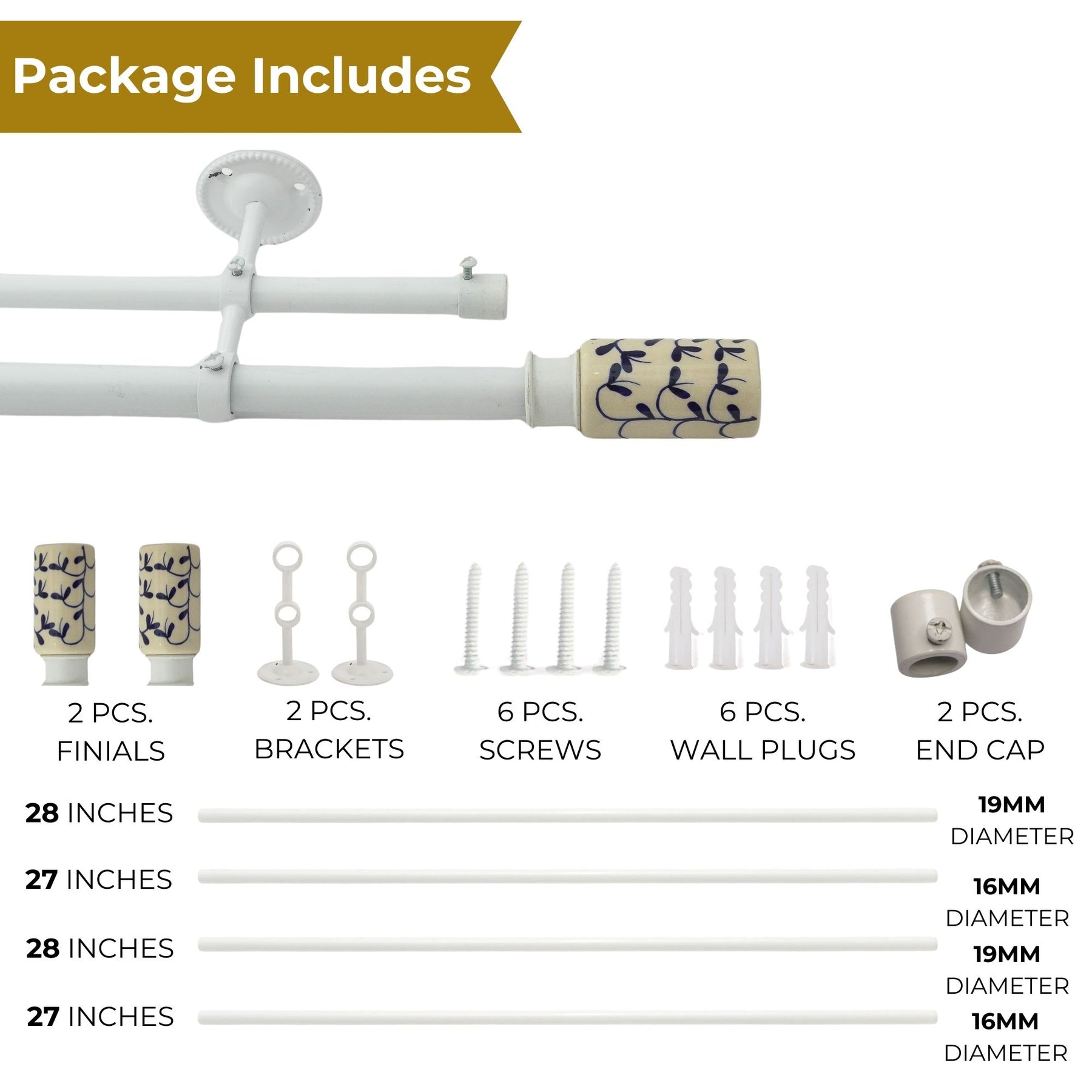 White Double Curtain Pole | Extendable & Adjustable | 28-144 Inch | Includes Ceramic Finials-3