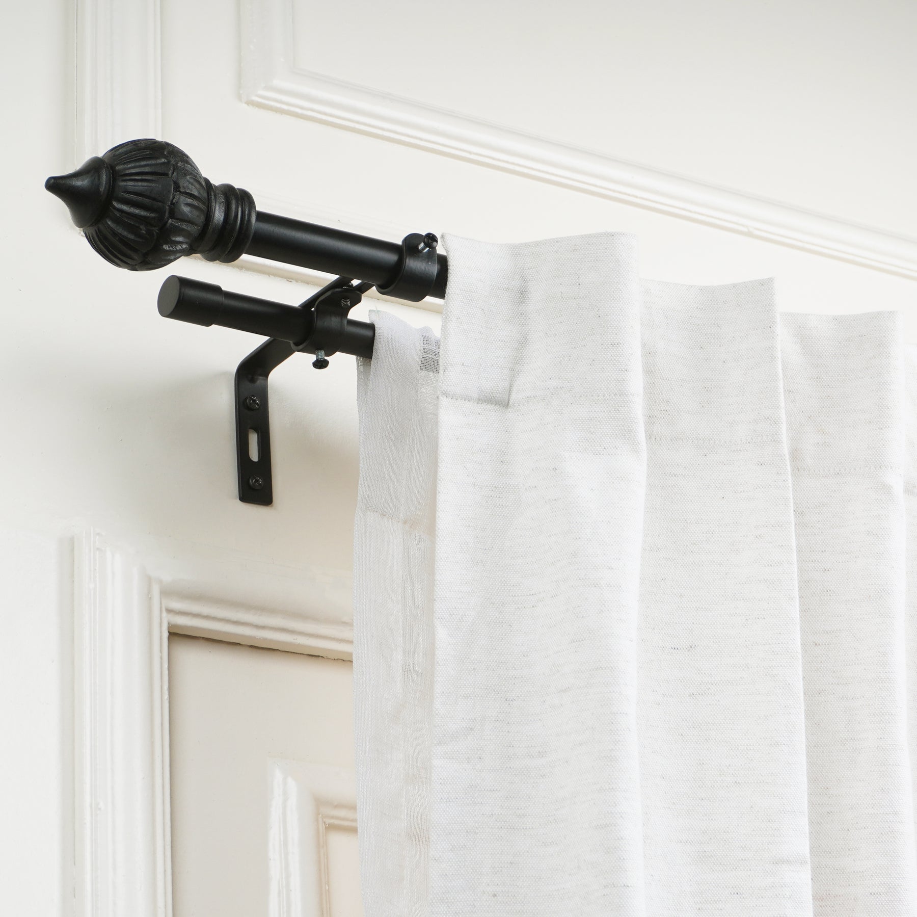 Black Double Curtain Pole Set with Urn Finials - Extendable, Telescopic, Rustproof - 71-122cm, 122-224cm, 213-366cm-1
