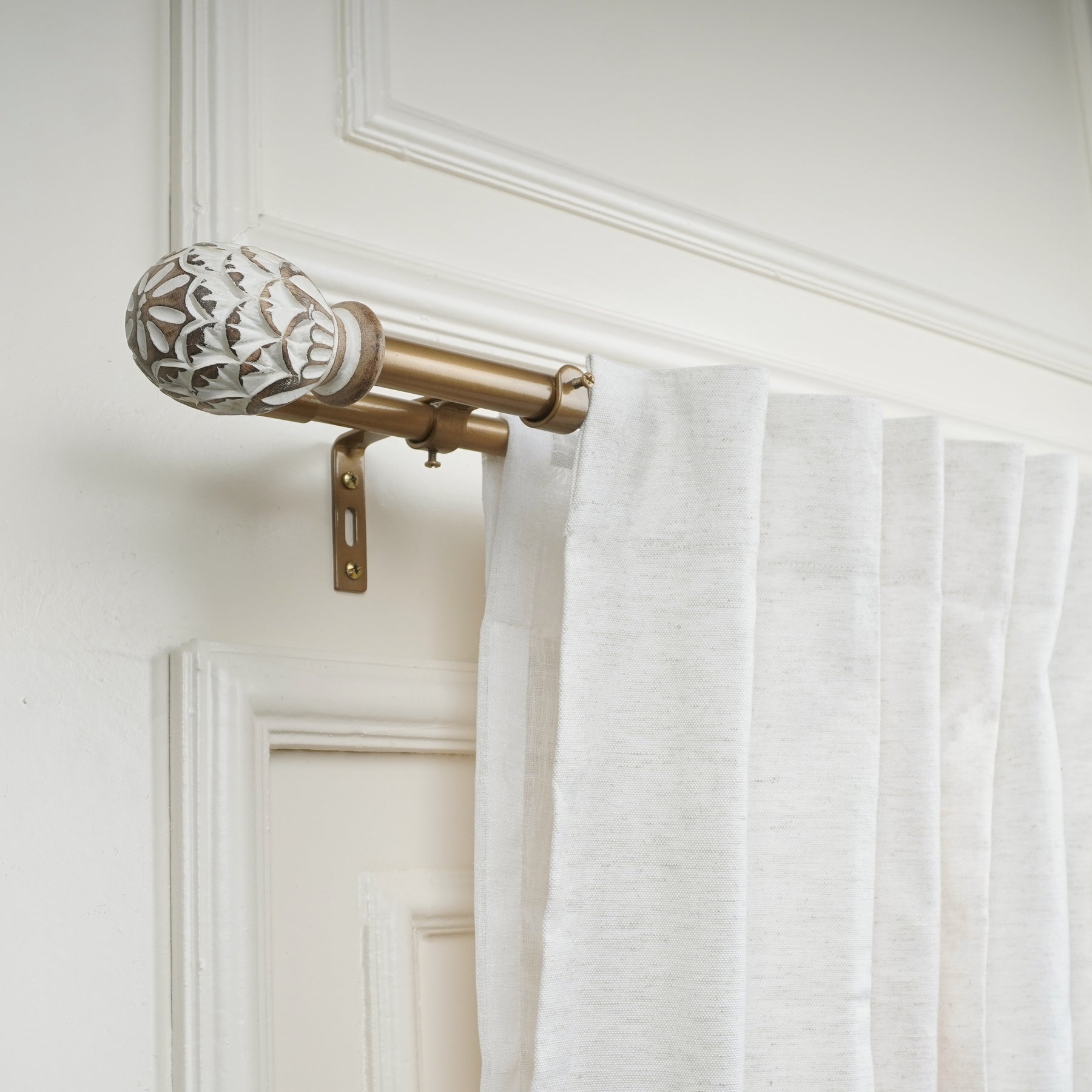 Gold Double Curtain Rod with White and Wooden Carved Finials-1