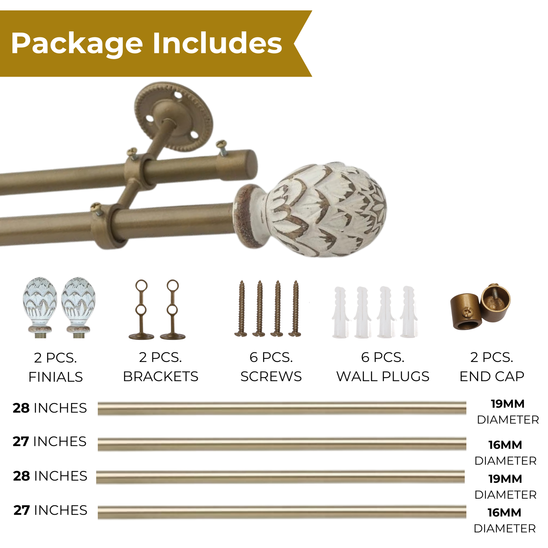 Gold Double Curtain Rod with White and Wooden Carved Finials-3