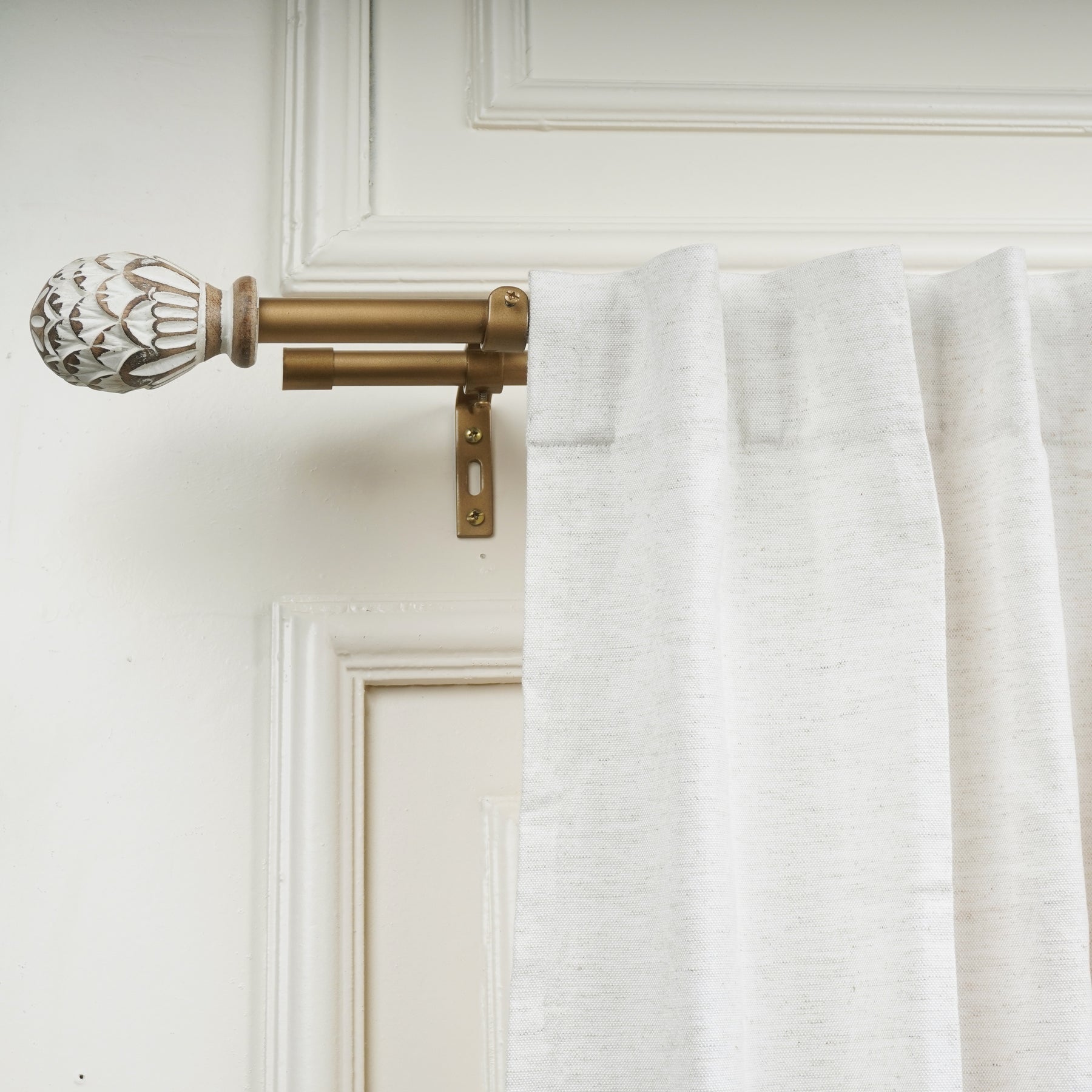 Gold Double Curtain Rod with White and Wooden Carved Finials-0