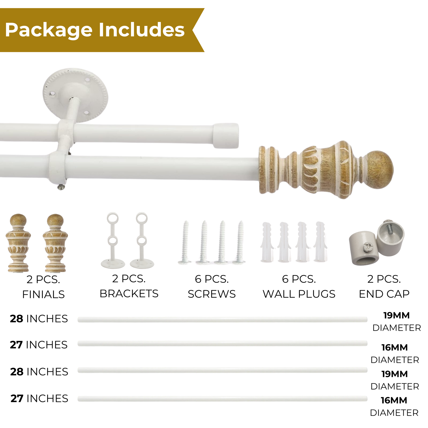 White & Wood Double Curtain Pole | Classic Turned Finials | Extendable | Farmhouse Style-4