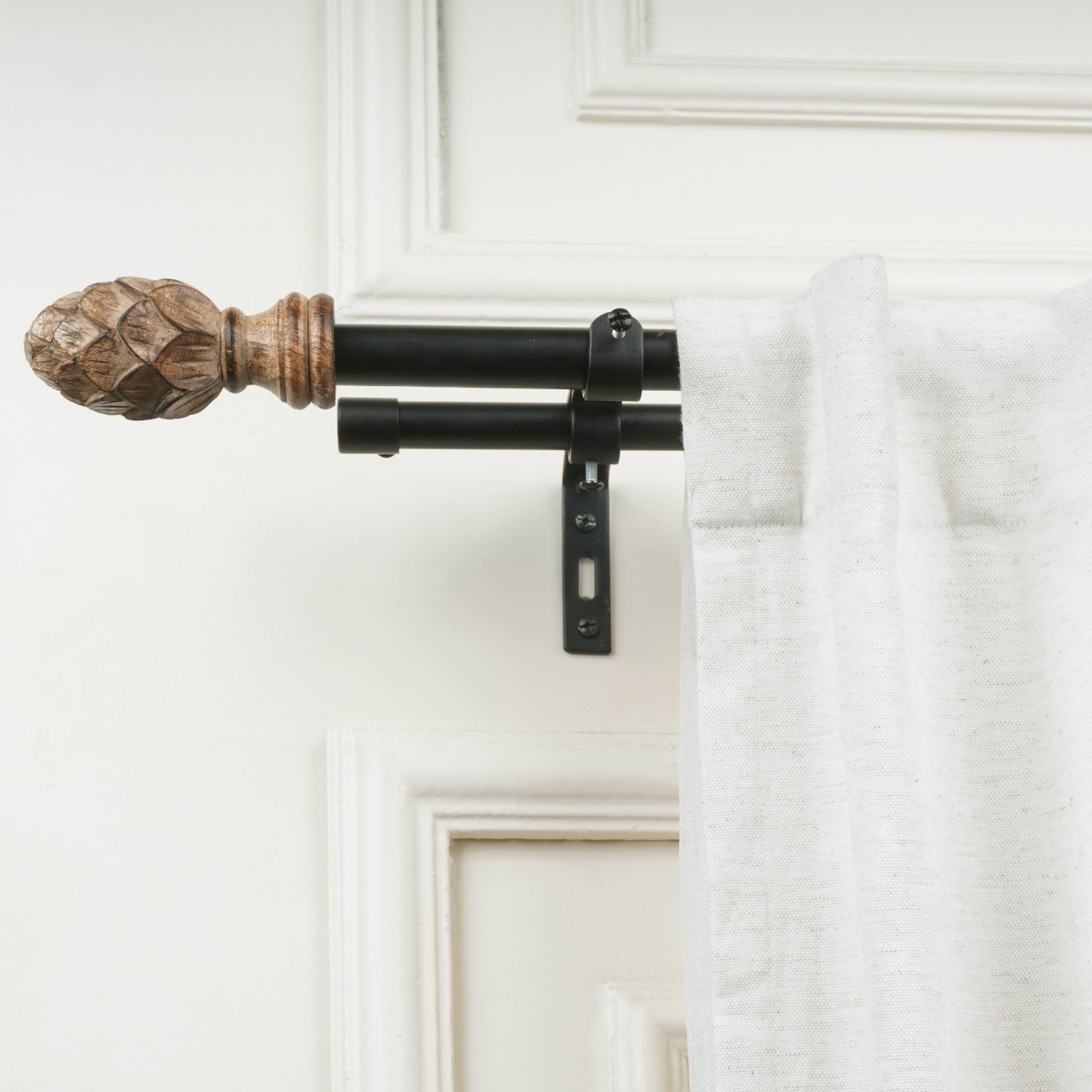 Double Curtain Pole | Black | Extendable & Adjustable | 28-144 Inch | Carved Pineapple Finials-0