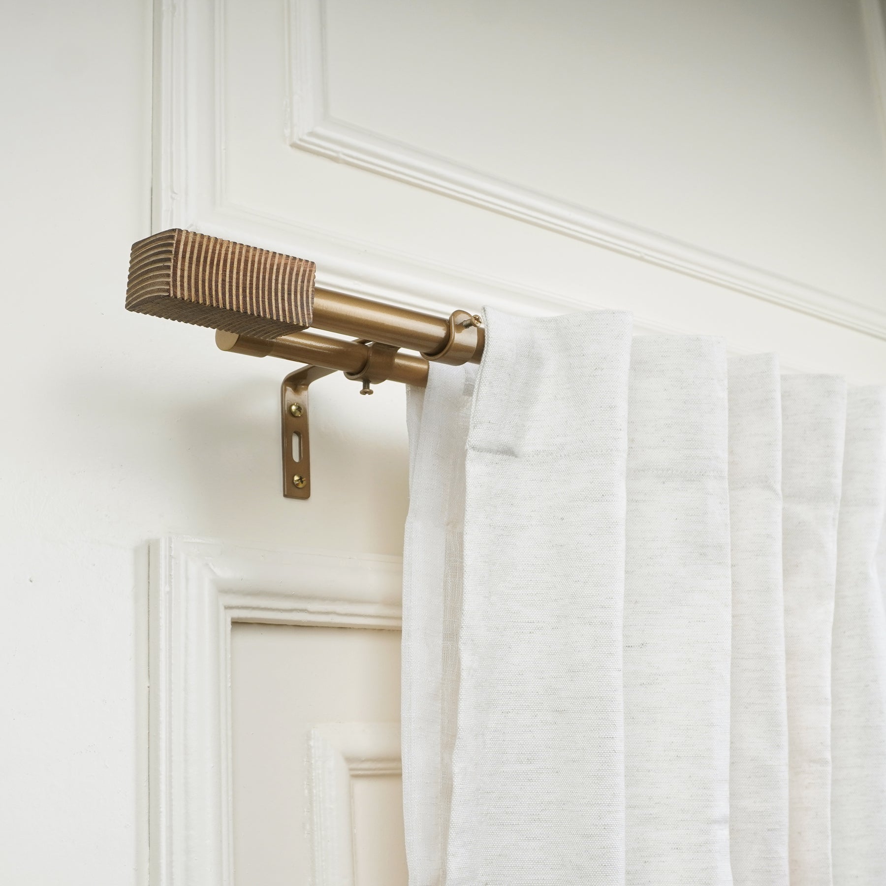 Extendable Double Curtain Pole with Square Scarred Wood Finials | Telescopic Curtain Pole | 28-144 Inch | Anti-Rust-1