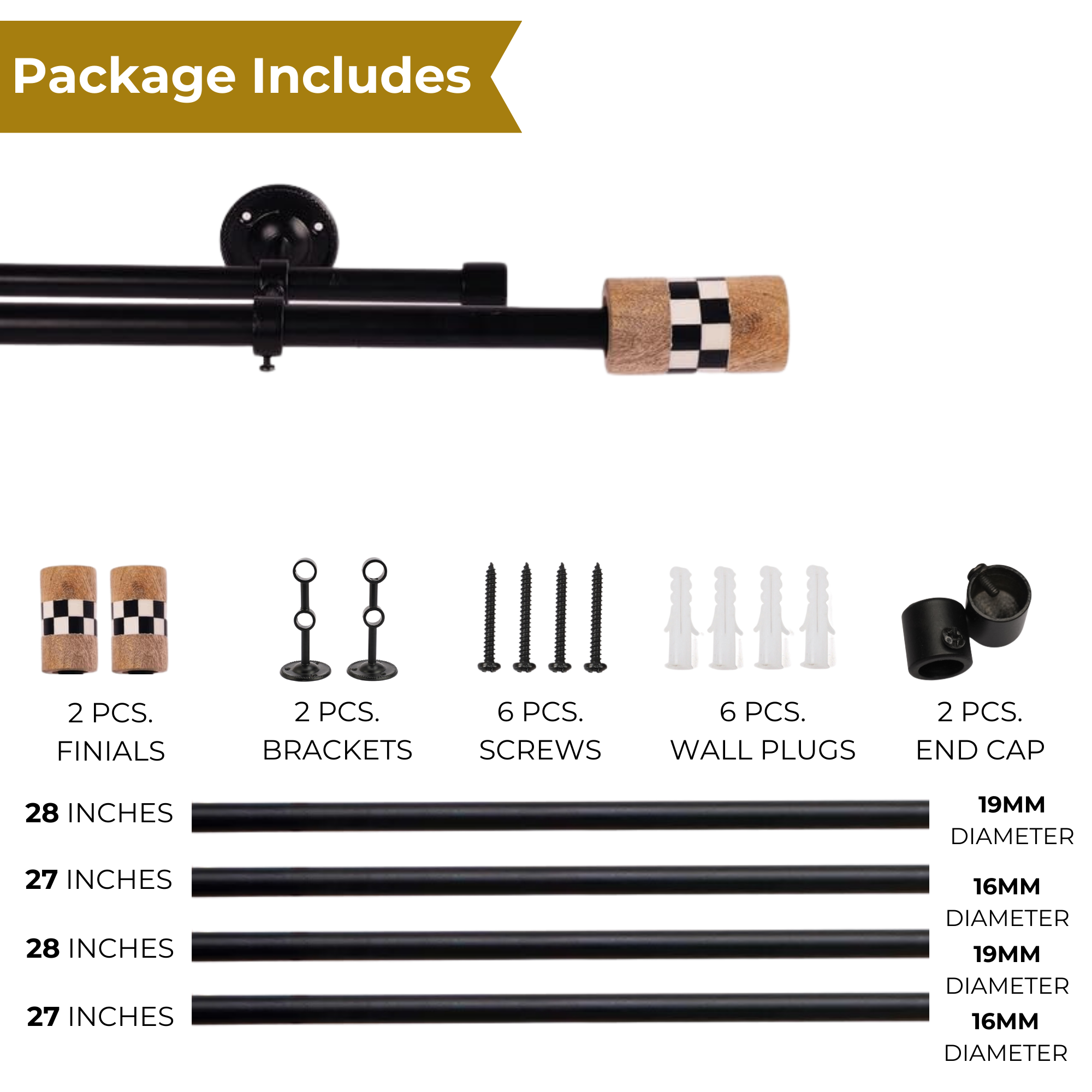 Black Metal Double Curtain Rod | Wood & Checkered Finials | Extendable-4