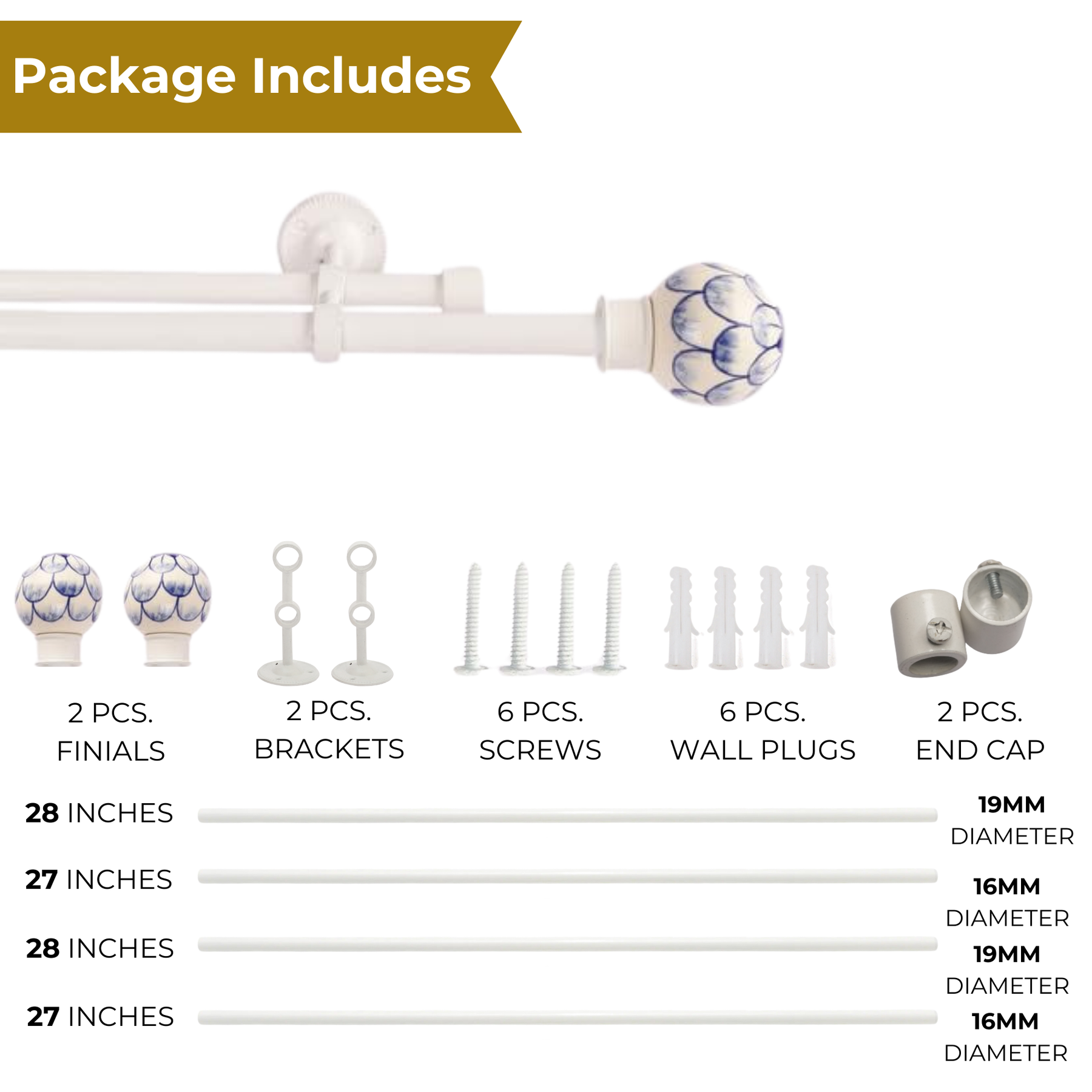 Cream & Blue Double Curtain Pole | Ball Finials | Rustproof | 25KG Load | Classic Style-2