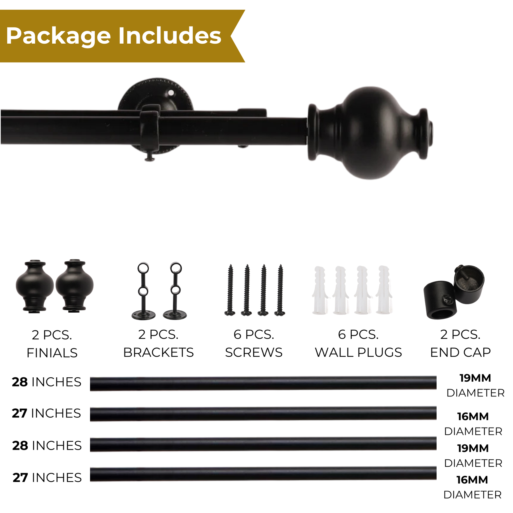 Black Double Curtain Pole | Urn Finials | Rustproof | 25KG Load | Traditional Style-4