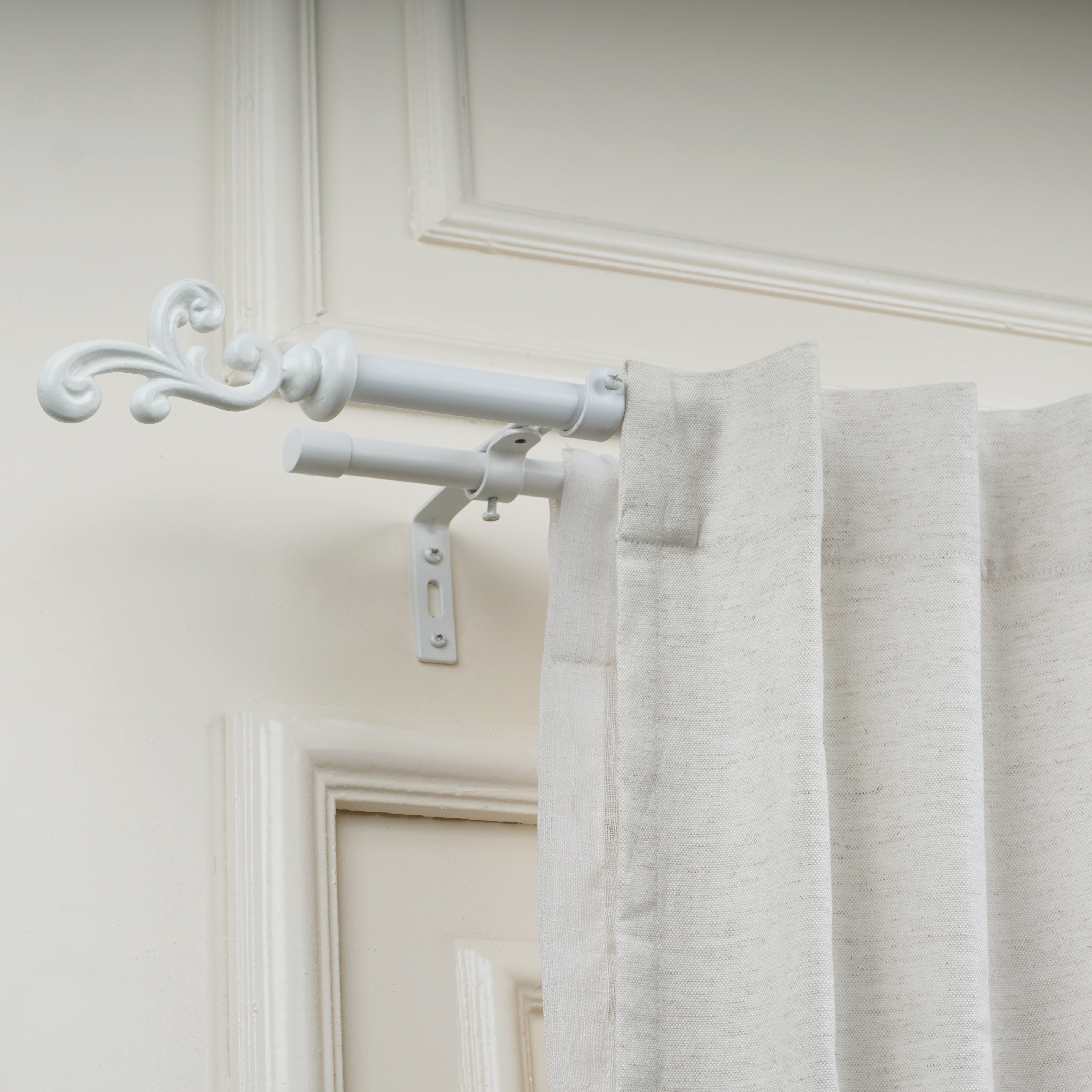 White Double Curtain Rod with Scrolled Finials | 28-144 Inches-0