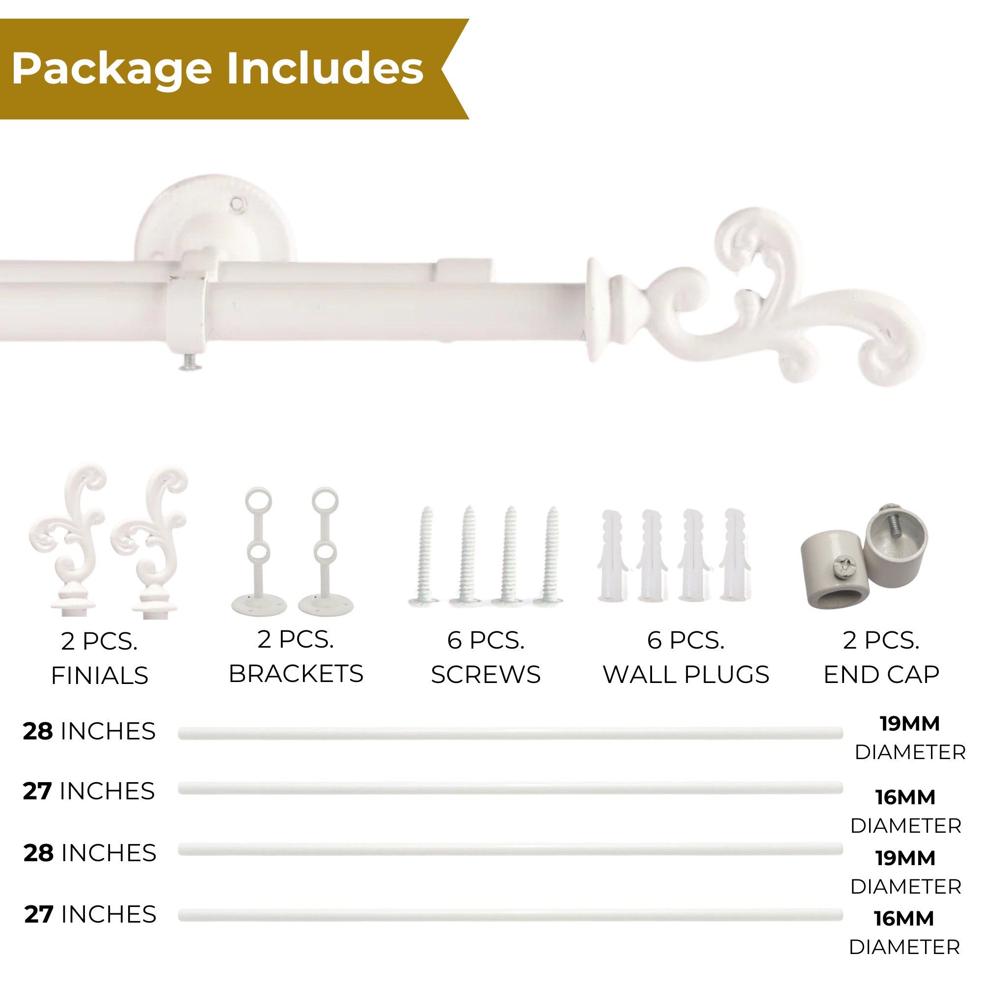 White Double Curtain Rod with Scrolled Finials | 28-144 Inches-4