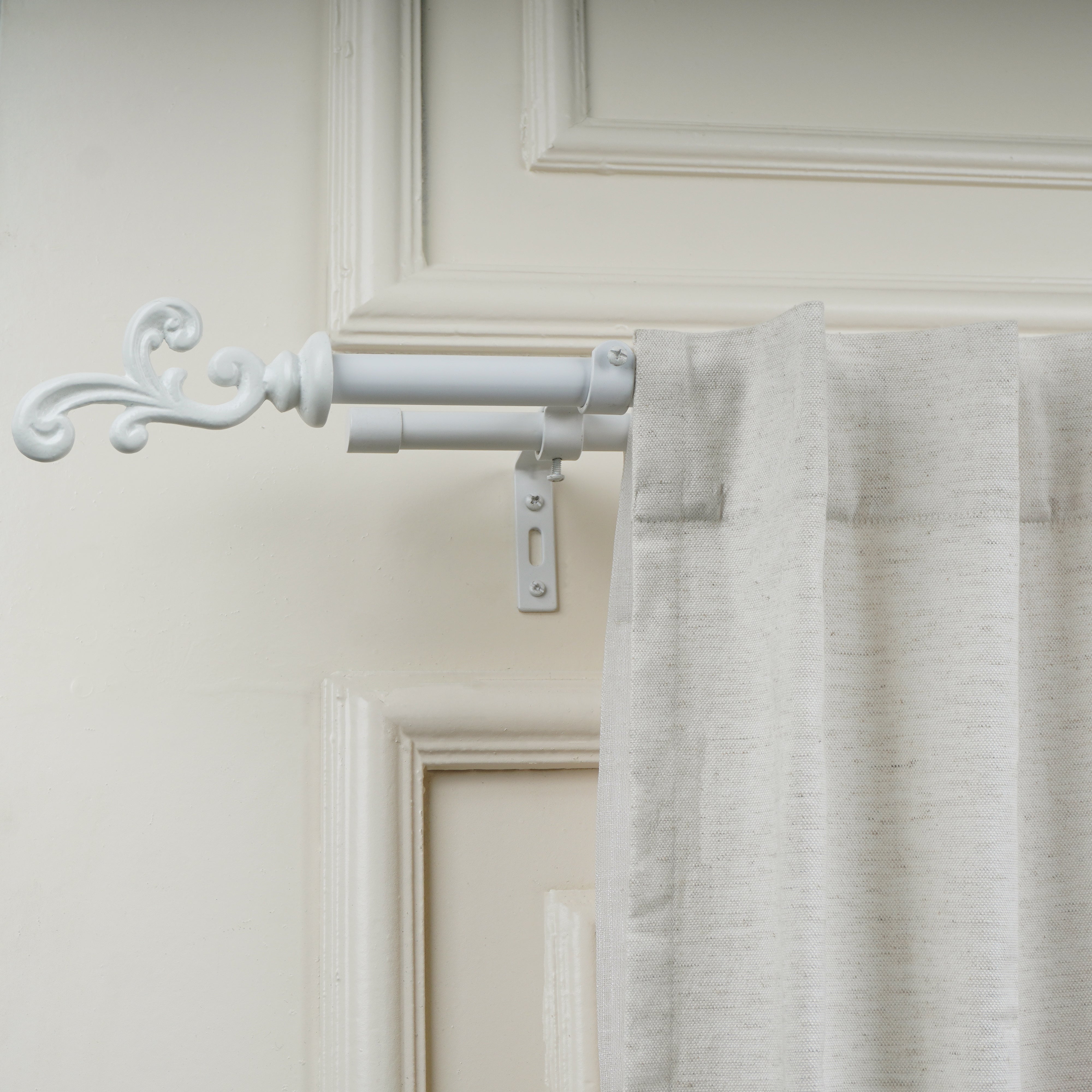White Double Curtain Rod with Scrolled Finials | 28-144 Inches-1